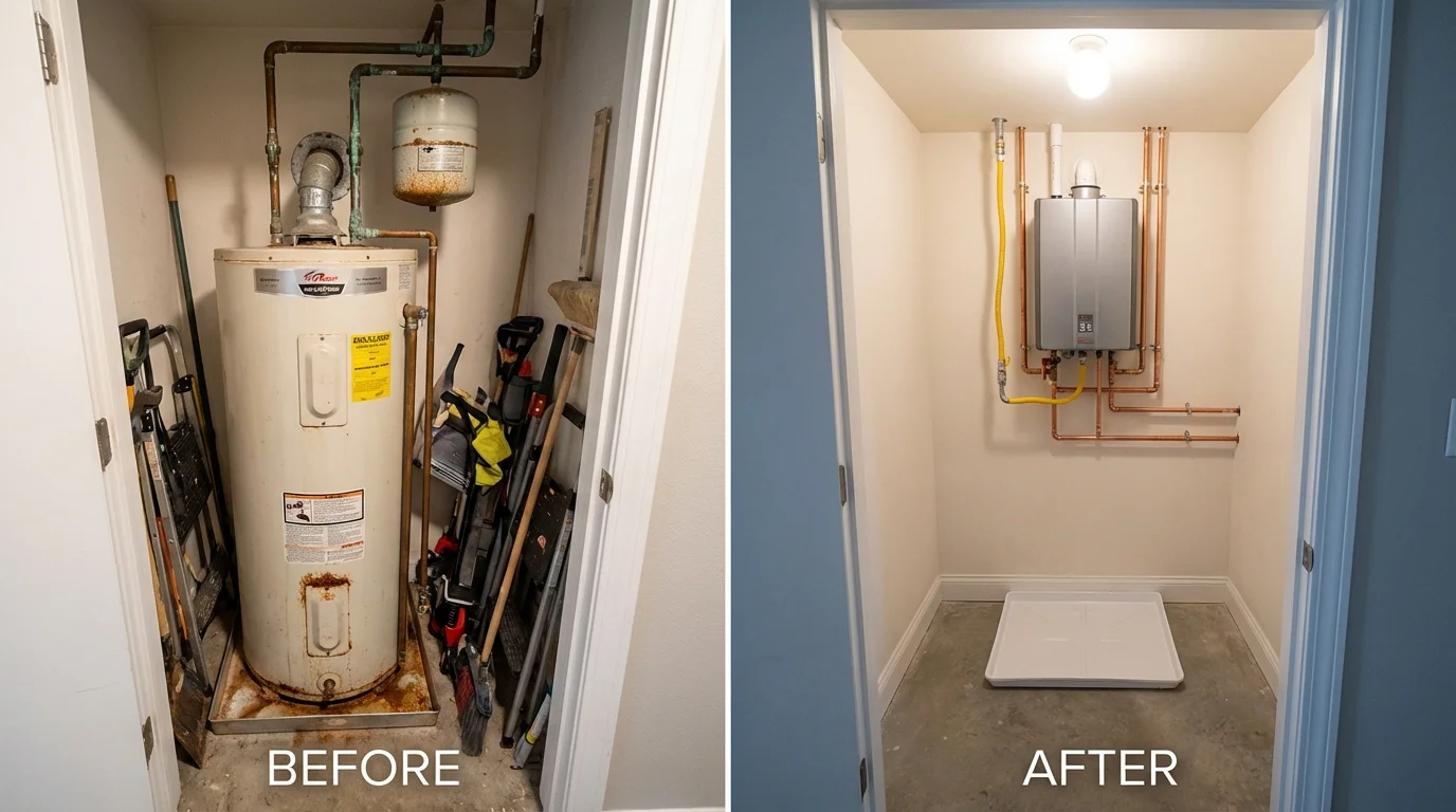 Tank water heater versus wall-mounted tankless unit comparison for Lawrenceburg, TN homeowners