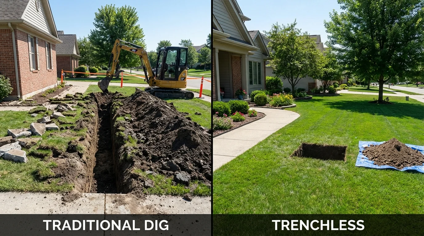 Trenchless sewer repair with minimal yard damage versus traditional excavation in Lawrenceburg, TN